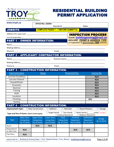 First page of the Residential Building Permit Application
