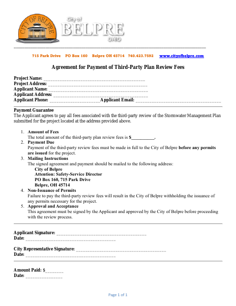 First page of the Agreement for Payment of Third-Party Plan Review Fees