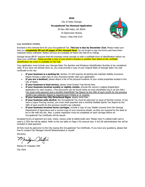 First page of the Occupational Tax / Business License Application