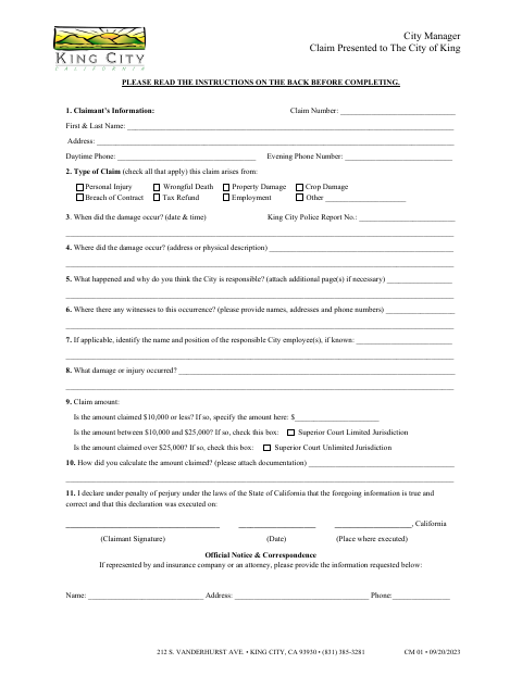 First page of the Claim Presented to the City of King