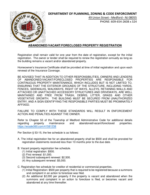 First page of the Abandoned / Vacant / Foreclosed Property Registration