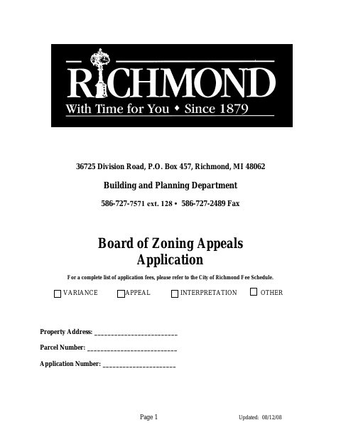 First page of the Board of Zoning Appeals Application