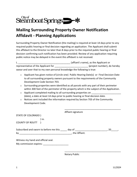 First page of the Surrounding Property Owner Notification Affidavit