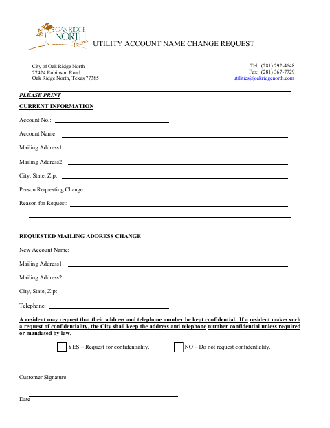 First page of the Utility Account Name Change Request