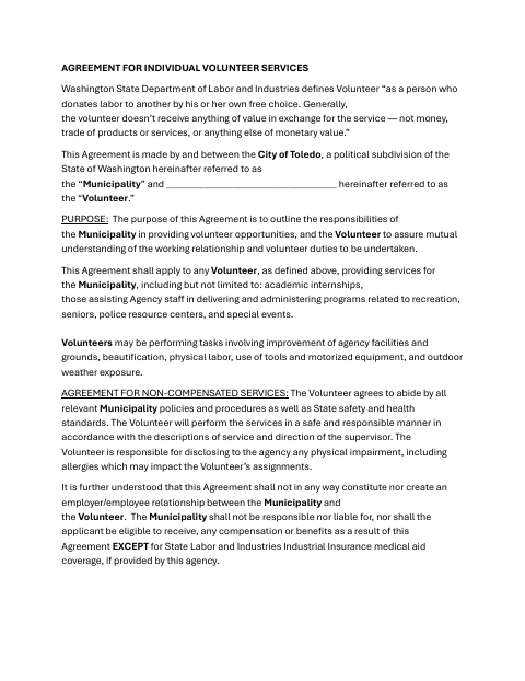 First page of the Agreement for Individual Volunteer Services