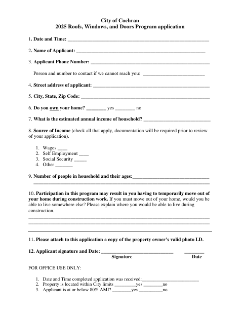 First page of the Roofs, Windows, and Doors Program Application