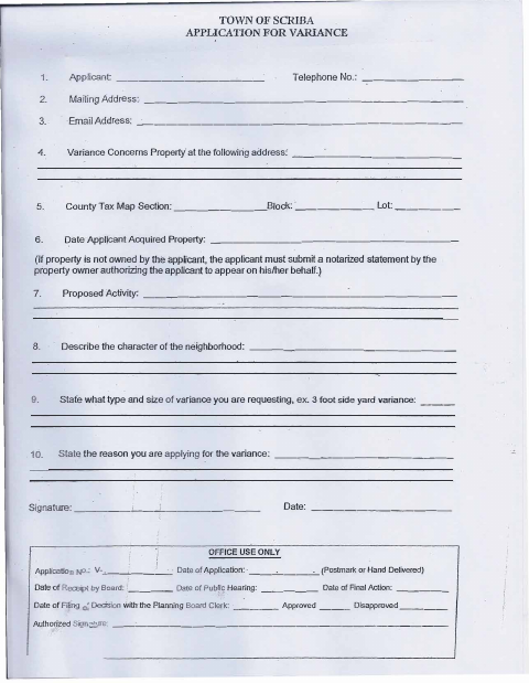 First page of the Application for Variance