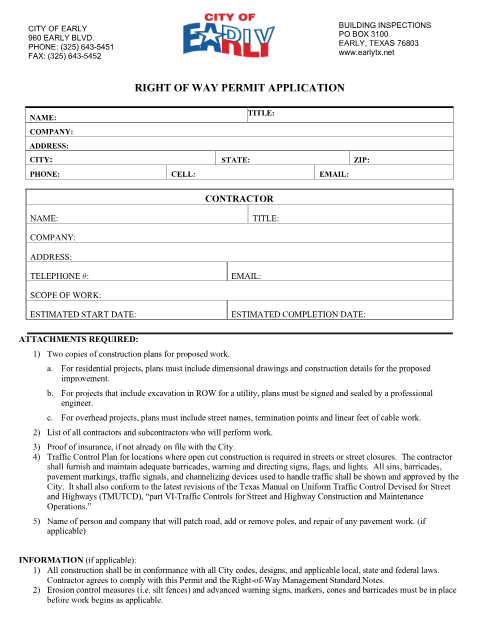 First page of the Right of Way Permit Application