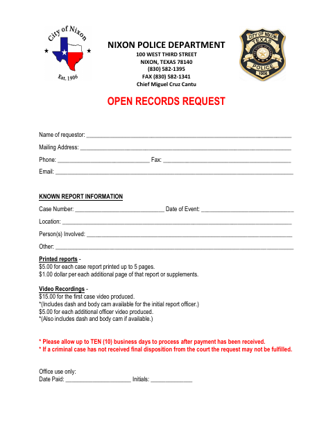 First page of the Open Records Request