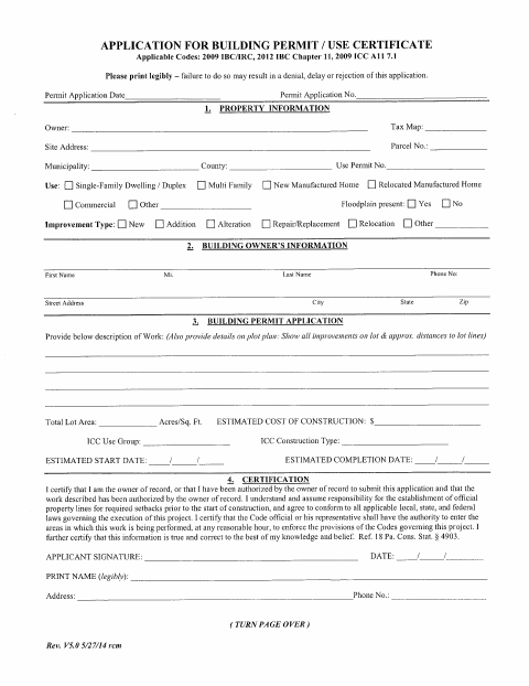 First page of the Residential Building Permit Application