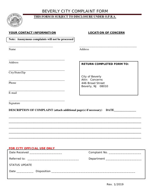 First page of the Complaint Form