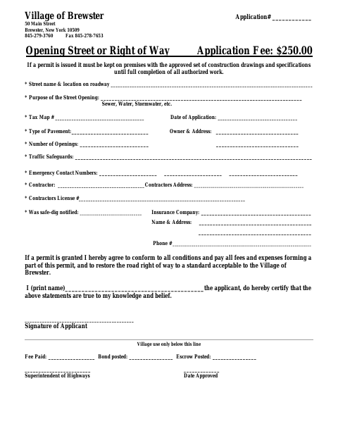 First page of the Opening Street or Right of Way Application
