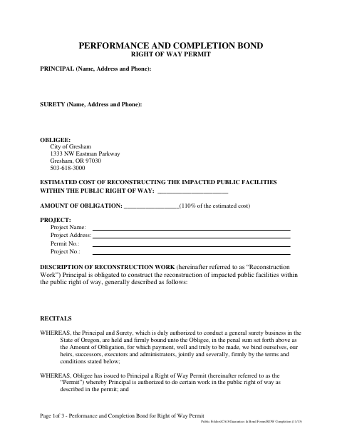 First page of the Performance and Completion Bond for Right of Way Permit