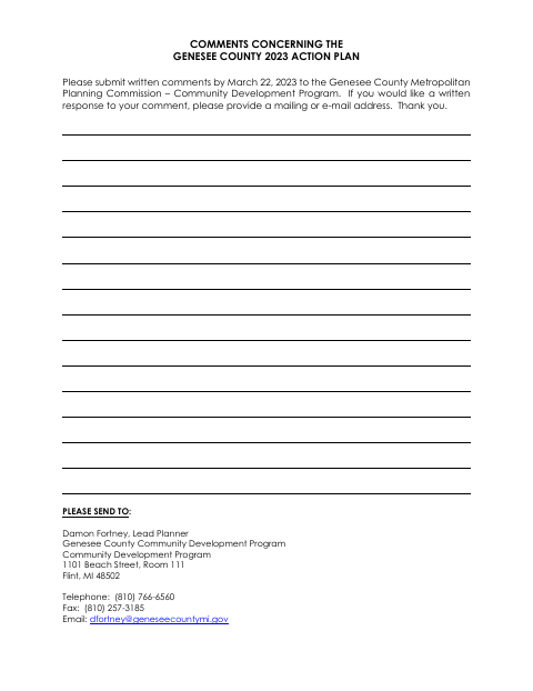 First page of the Comments Concerning the Genesee County 2023 Action Plan