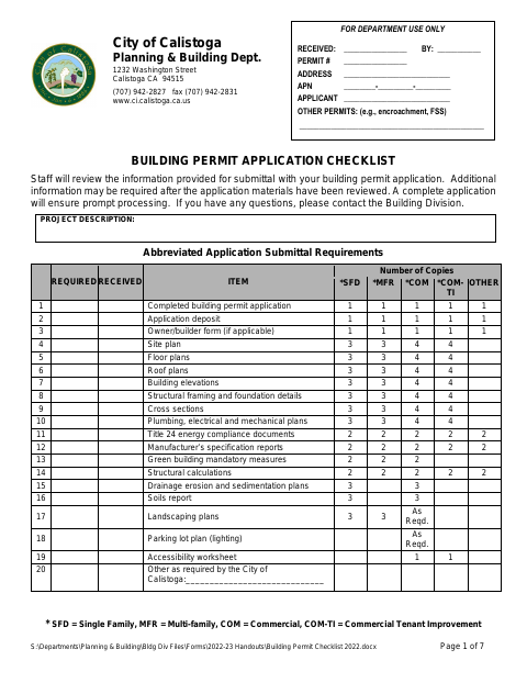 First page of the Building Permit / Use Permit Checklist