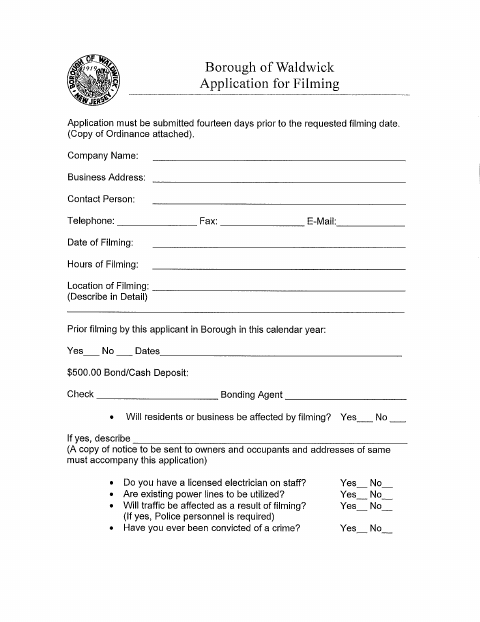 First page of the Filming Application