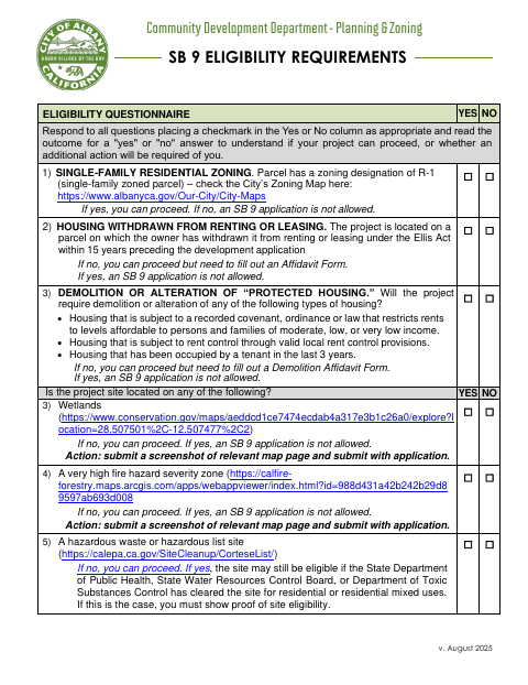 First page of the SB 9 Eligibility Requirements Eligibility Questionnaire