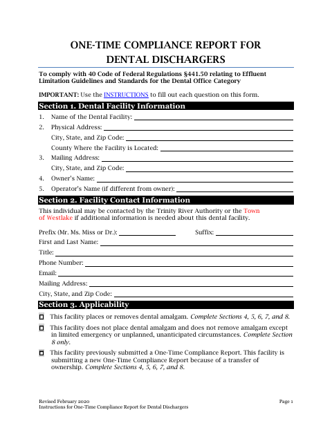 First page of the One-Time Compliance Report for Dental Dischargers