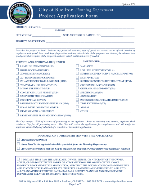 First page of the Project Application Form
