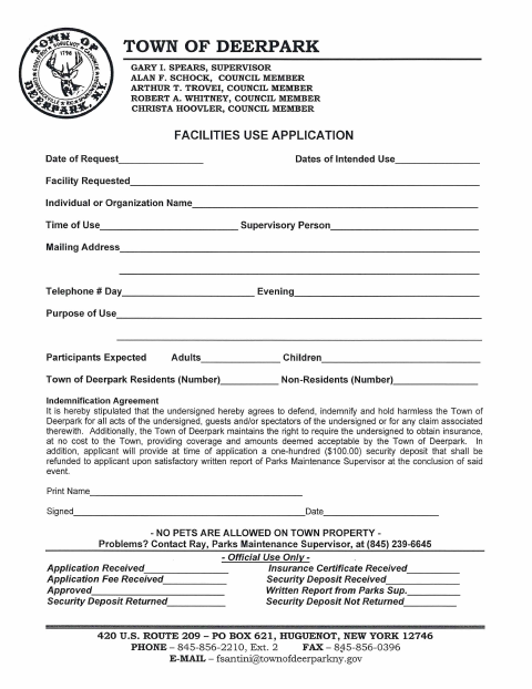 First page of the Facilities Use Application