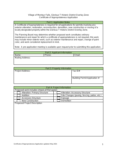 First page of the Certificate of Appropriateness Application