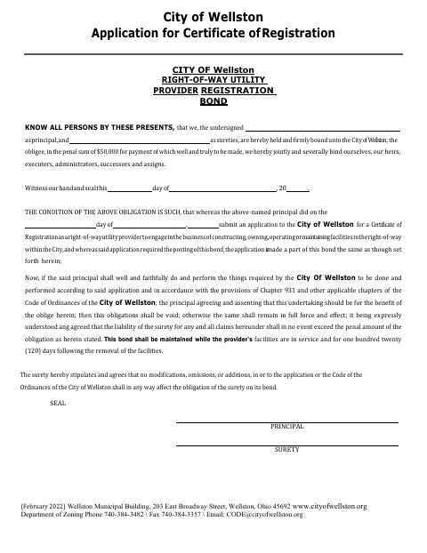 First page of the Right-of-Way Utility Provider Registration Bond