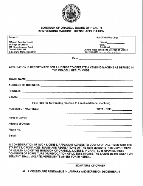 First page of the Vending Machine License Application