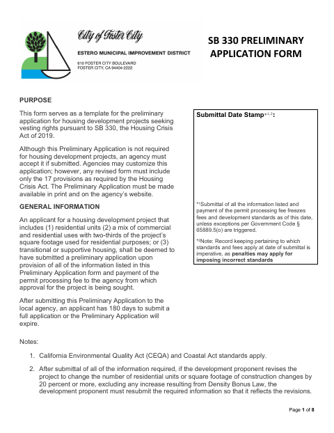 First page of the SB 330 Preliminary Application