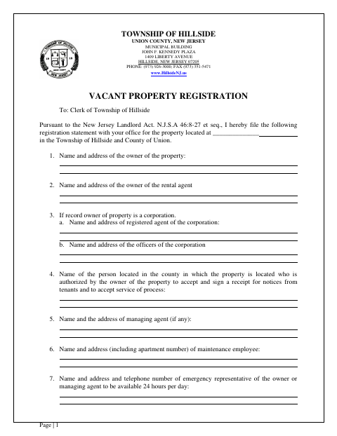 First page of the Vacant Property Registration