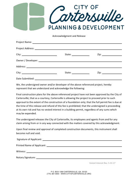 First page of the Vested Interest Acknowledgement and Release Form