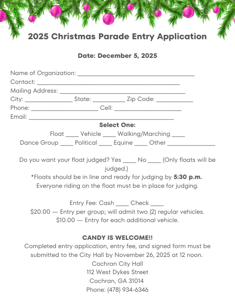 First page of the 2025 Christmas Parade Entry Application