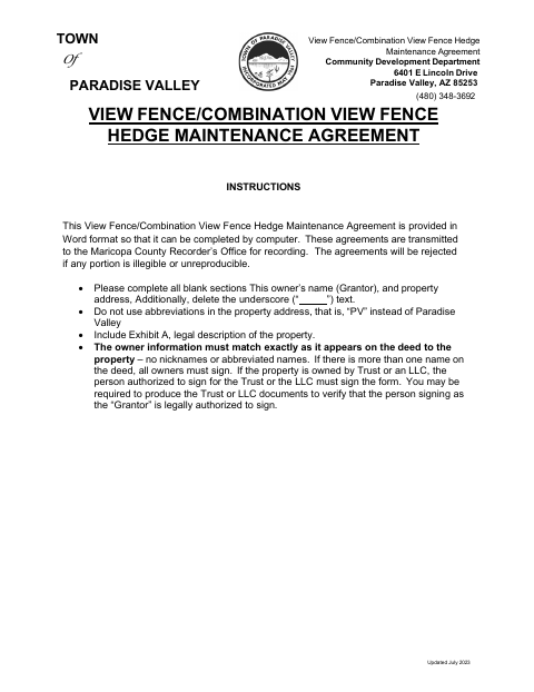 First page of the View Fence/Combination View Fence Hedge Maintenance Agreement