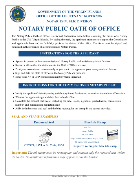 First page of the Notary Public Oath of Office