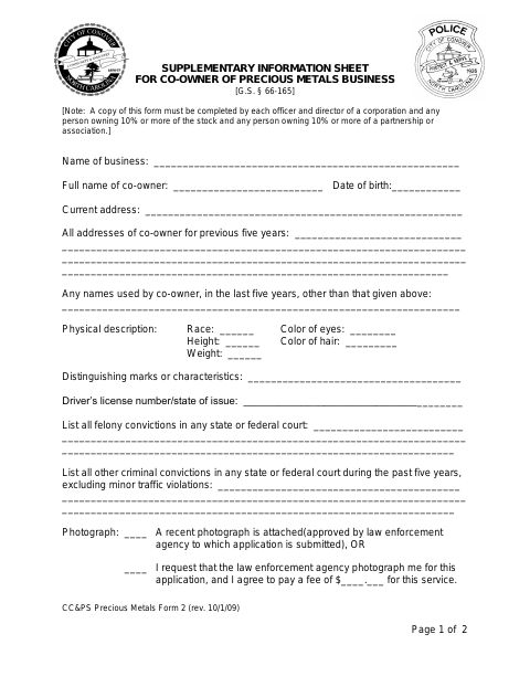 First page of the Supplementary Information Sheet for Co-Owner of Precious Metals Business