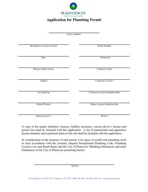 First page of the Application for Plumbing Permit