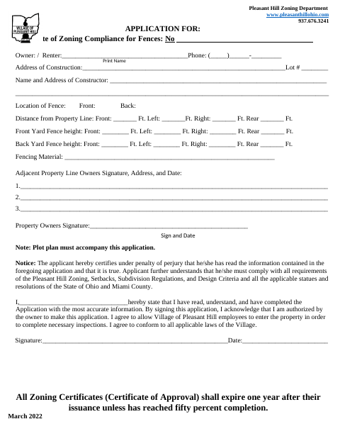 First page of the Application for Certificate of Zoning Compliance for Fences