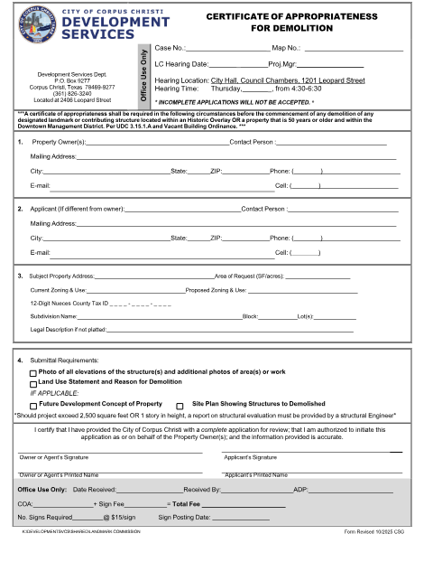 First page of the Certificate of Appropriateness for Demolition