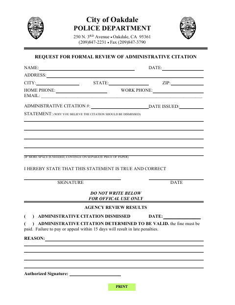 First page of the Request for Formal Review of Administrative Citation
