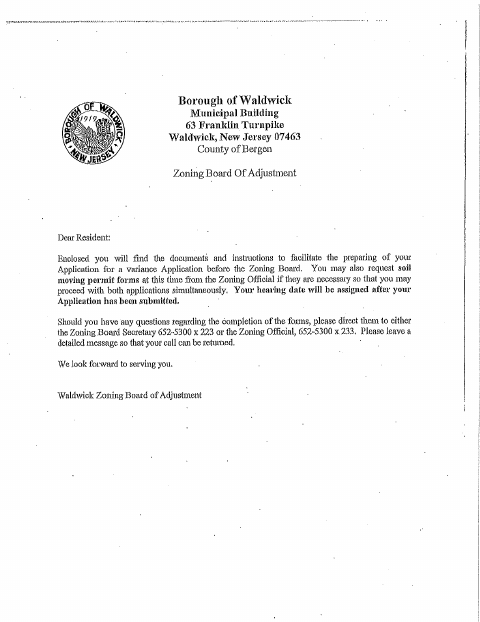 First page of the Zoning Board Variance Application