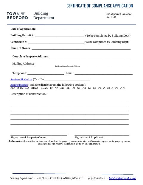 First page of the Certificate of Compliance Application