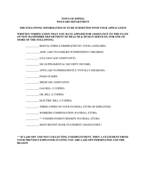 First page of the Welfare Assistance Application
