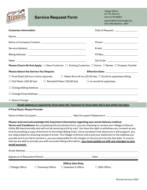 First page of the Service Request Form