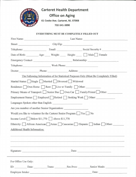 First page of the Senior Citizen Registration Form