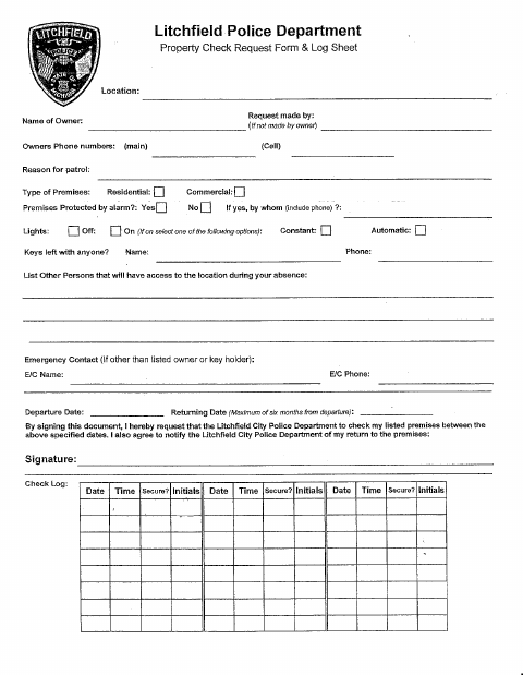 First page of the Property Check Request Form & Log Sheet