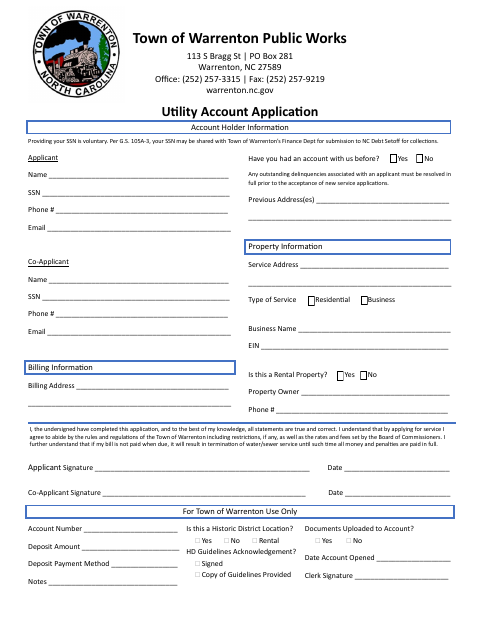 First page of the Utility Account Application