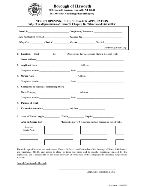 First page of the Street Opening, Curb, Sidewalk Application