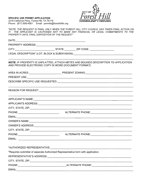 First page of the Specific Use Permit Application