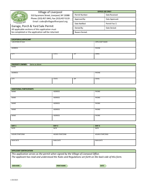 First page of the Garage, Porch & Yard Sale Permit