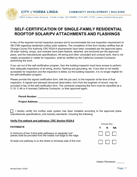 First page of the Self-Certification of Single-Family Residential Rooftop Solar/PV Attachments and Flashings