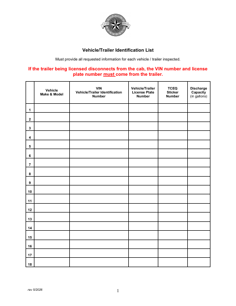 First page of the Vehicle/Trailer Identification List